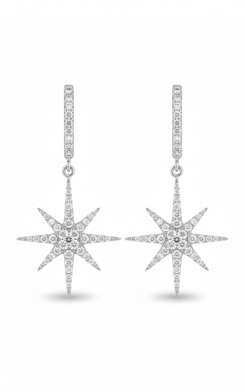 Nova Dangle Earrings in 925 Sterling Silver with cubic zirconia stones, luxury drop design by Dione Canada