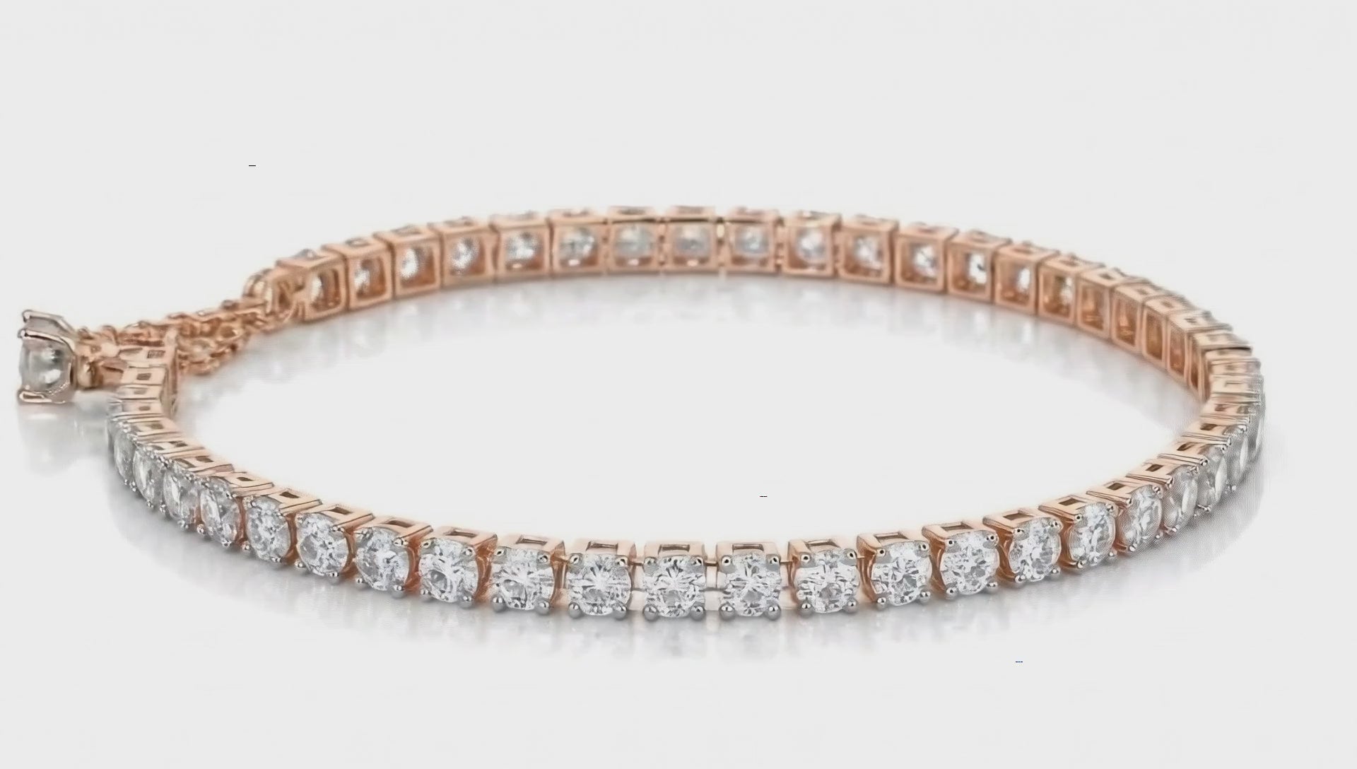 Rose gold tennis bracelet by Dione Canada featuring round brilliant stones in a full-circle prong setting, luxury studio close-up