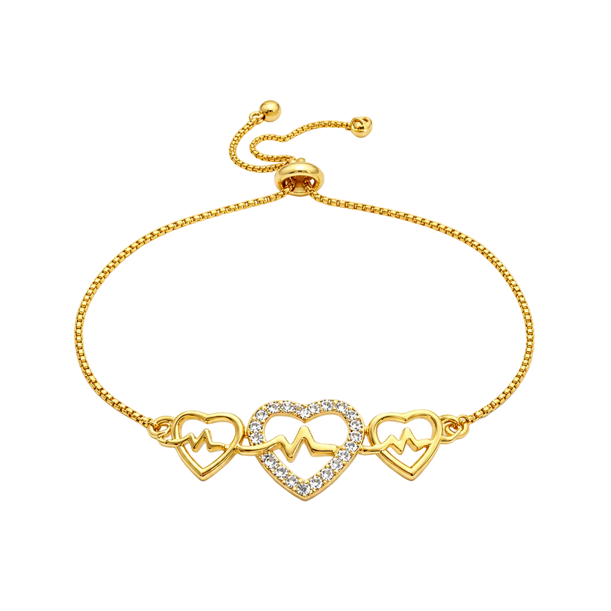 Gold heart chain bracelet with three interlocking heart charms featuring an EKG line, one central heart encrusted with clear stones, shown on a white circular background.