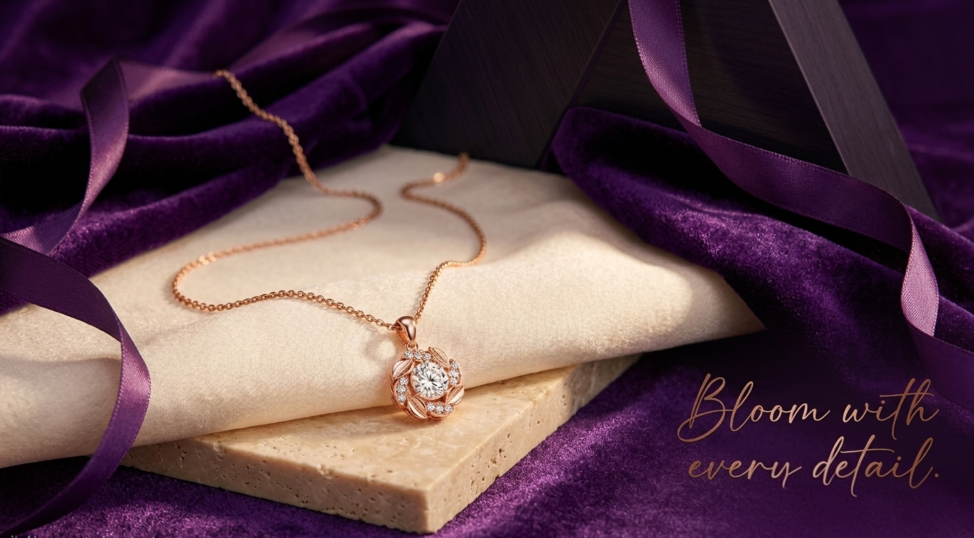 Rose gold necklace with a diamond pendant on beige fabric with purple ribbon