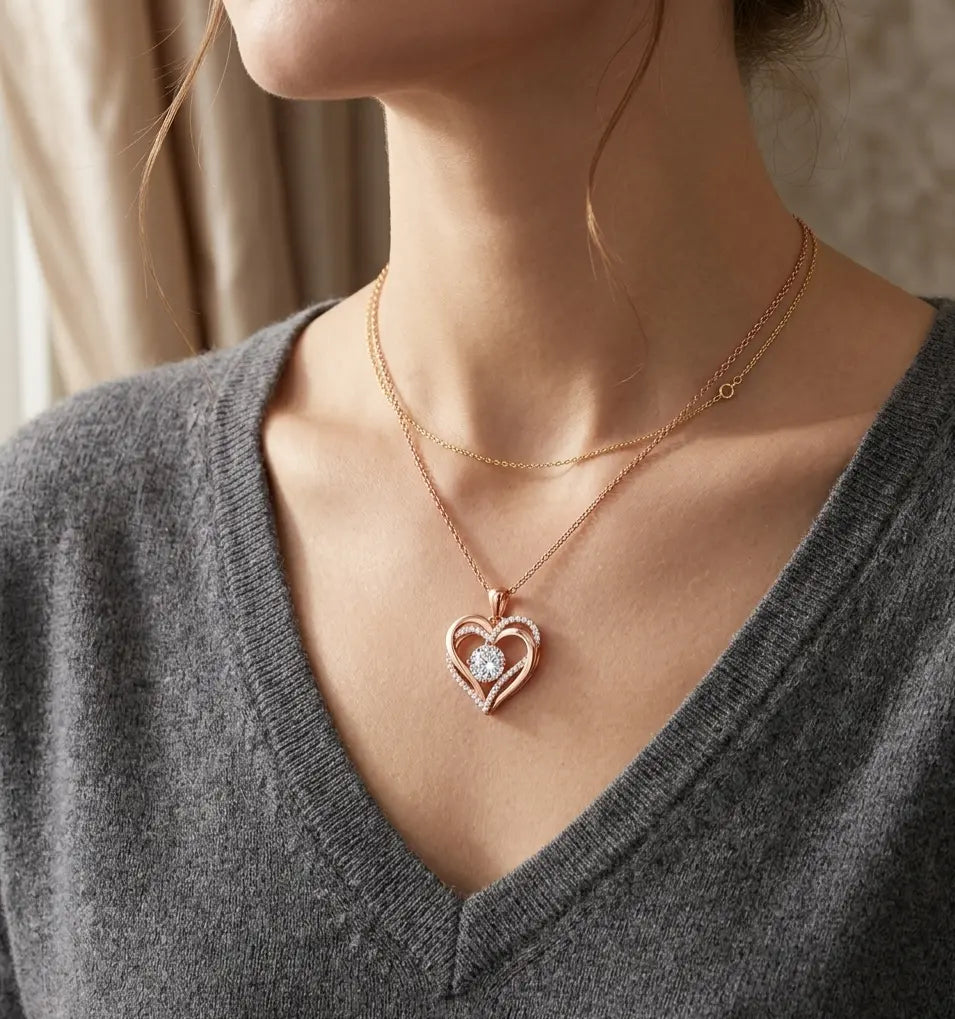 Rose gold layered necklaces with heart pendant and diamond accent worn on model, elegant minimalist jewelry for women