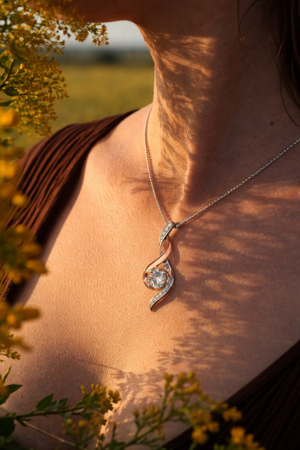 Close-up of a person wearing a silver necklace with a diamond pendant, surrounded by flowers.