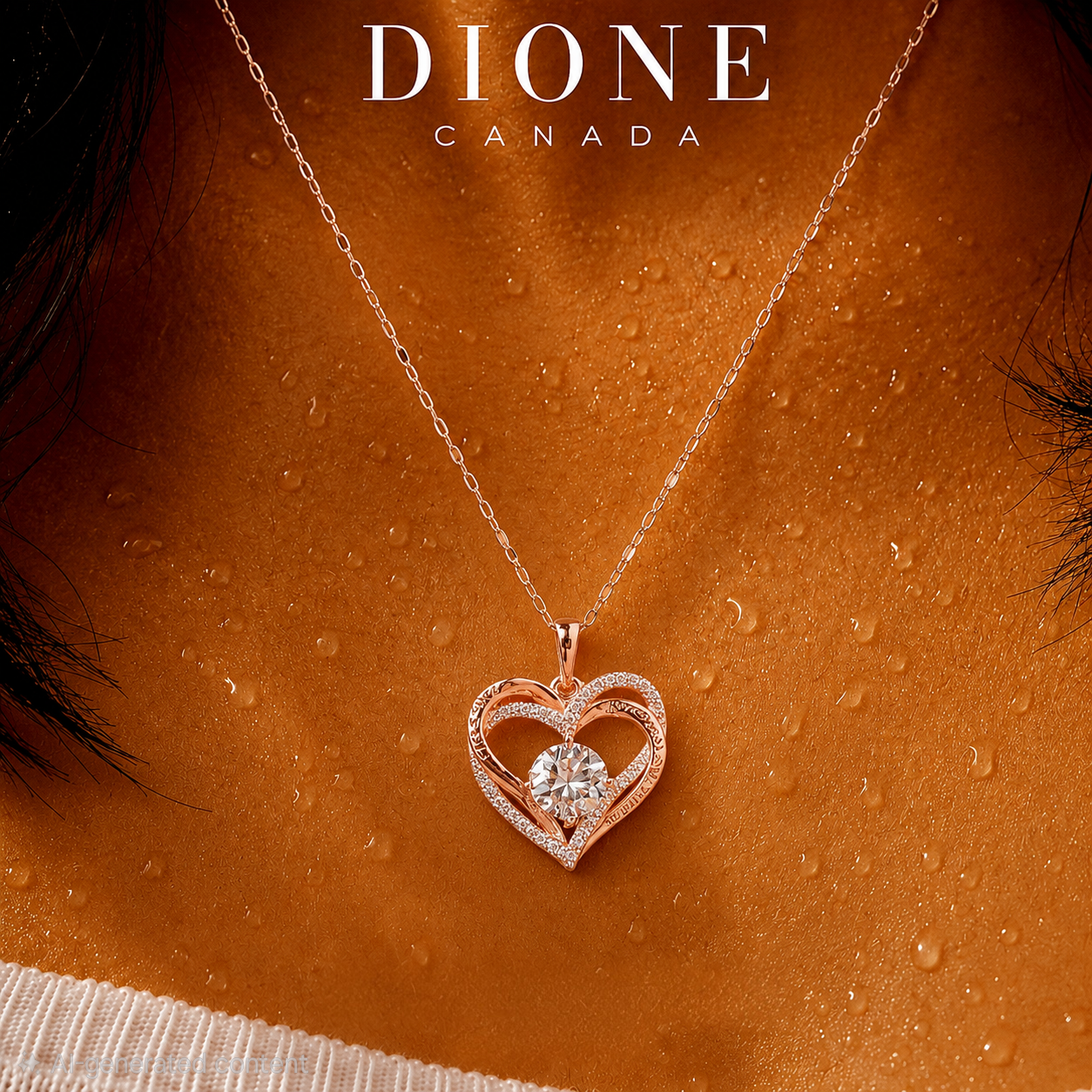 Heart-shaped necklace with a diamond pendant on a textured orange background, featuring the brand 'Dione Canada'.