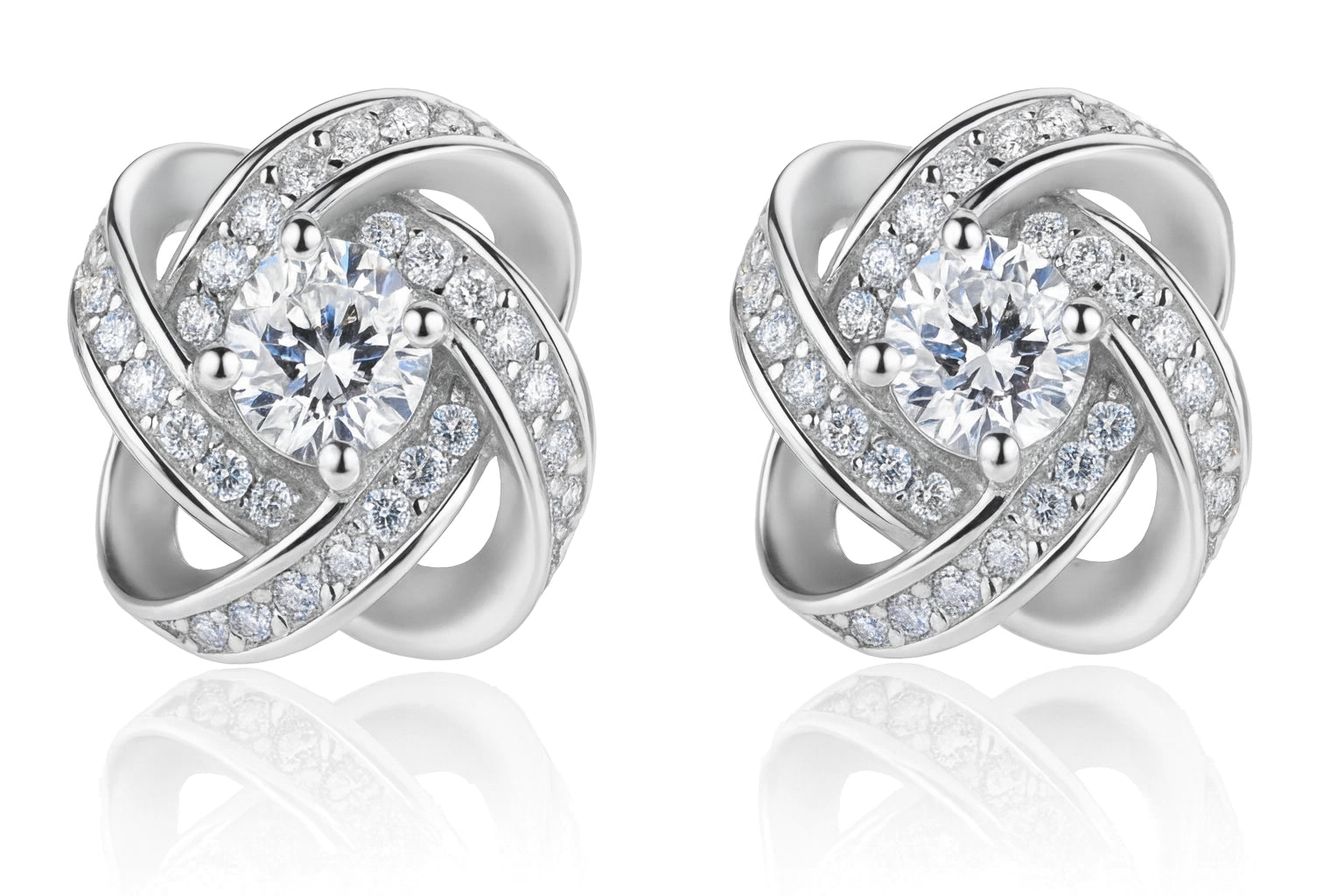 Silver diamond knot stud earrings with round center stones and pavé detailing