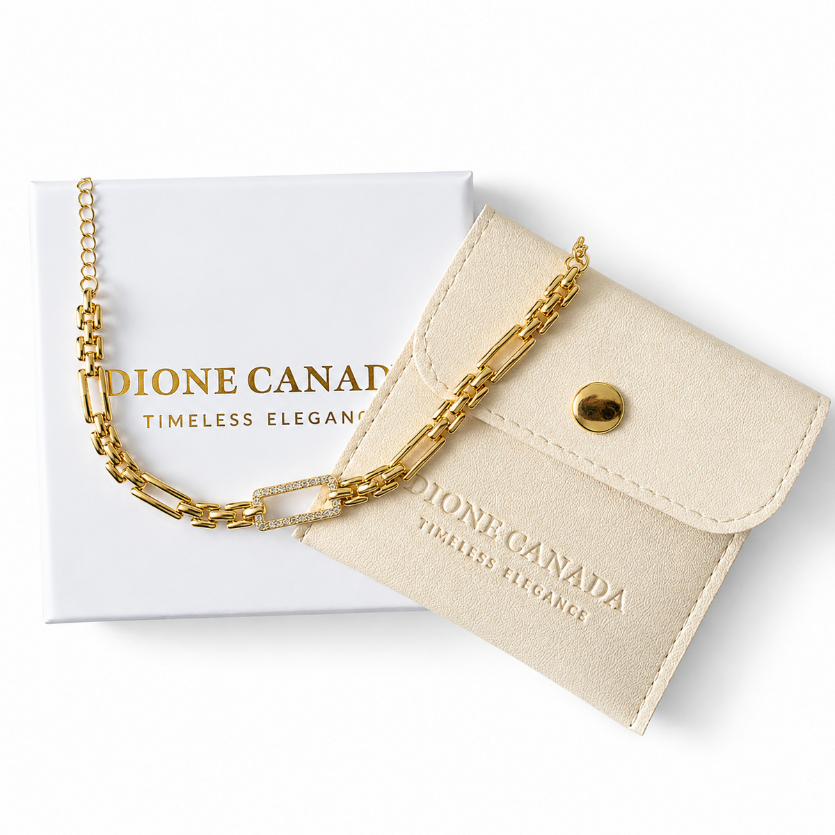 A cream-colored faux leather card holder wallet with a gold chain strap and gold snap button, shown on top of its white packaging box.