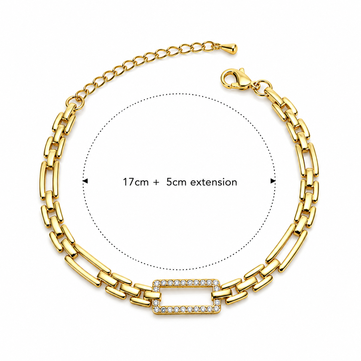 Gold-toned chain bracelet with a rectangular link detail set with small clear stones, shown on a white background with a measurement circle and text reading '17cm + 5cm extension'.