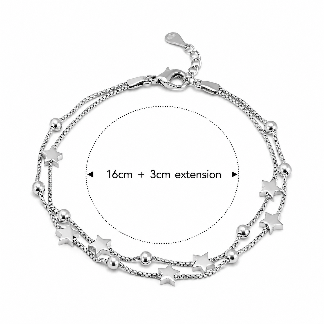 Silver double-strand chain anklet with star and bead charms, shown with a measurement overlay indicating 16cm length and 3cm extension.
