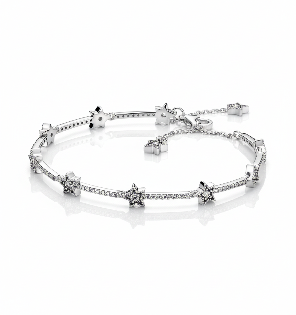 Stellar Trail Bracelet in white copper with silver plating and zircon-adorned star motif by Dione Canada
