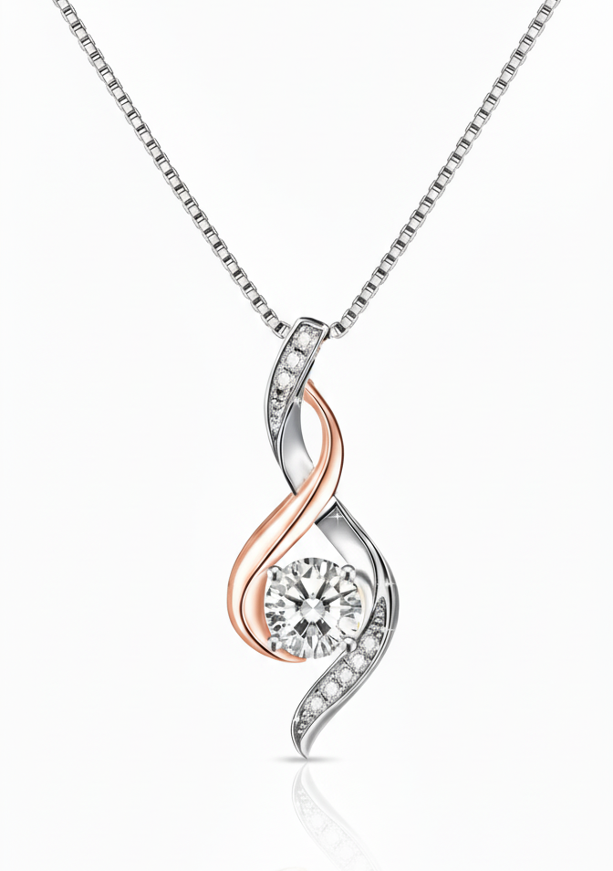 Twilight Twist Pendant in 925 sterling silver with white-gold plating, intertwining twist motif and brilliant zircon center by Dione Canada