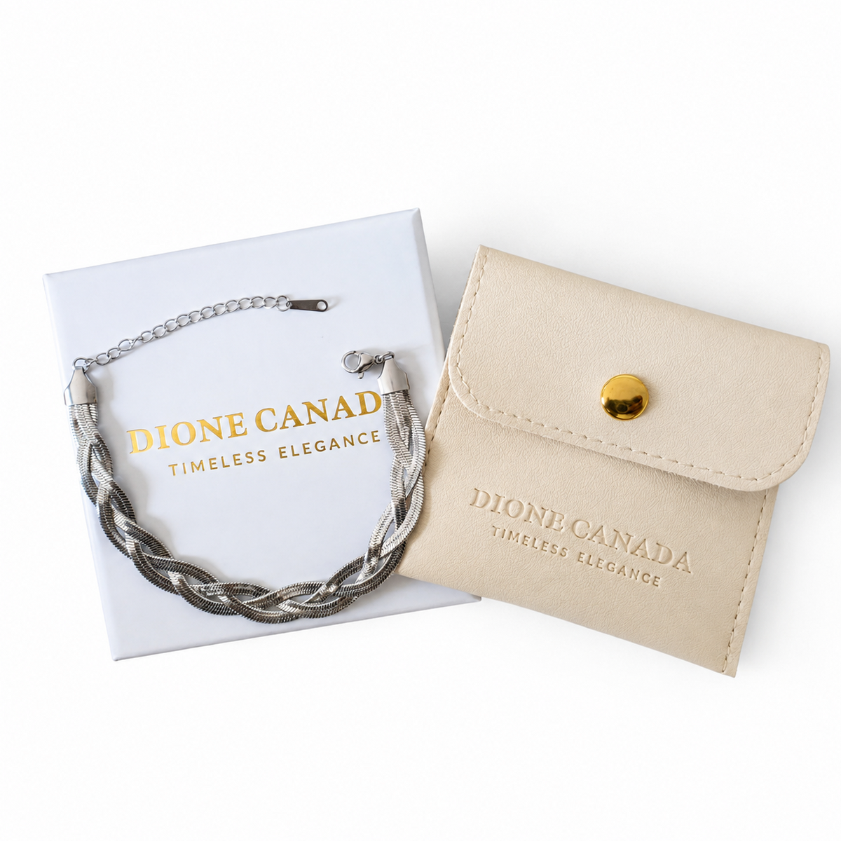 A silver-toned braided bracelet with a lobster clasp and extension chain, displayed on a white Dione Canada box above a beige leather pouch with a gold snap button.