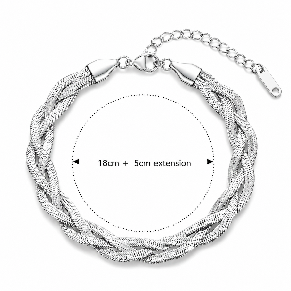 A silver braided chain bracelet with a lobster clasp and extension chain, shown on a white background with a measurement overlay indicating 18cm width and 5cm extension.
