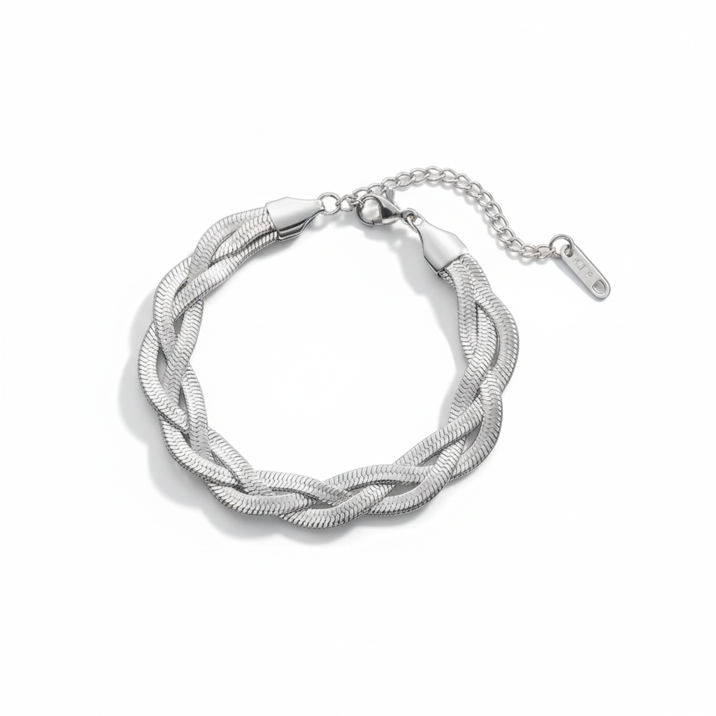 Twined Gleam Bracelet in silver-plated 304 stainless steel with braided interwoven texture by Dione Canada