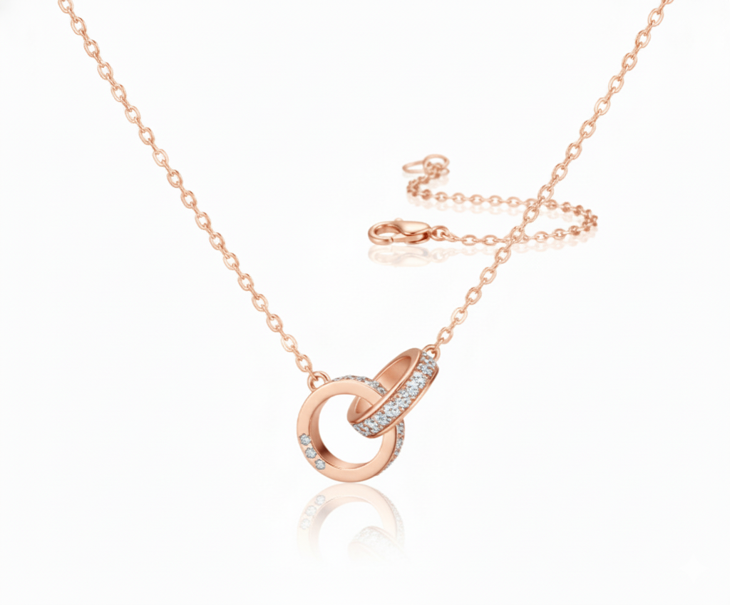 Unity Necklace in 925 sterling silver with zircon-adorned interlocking circles and high-polish finish by Dione Canada