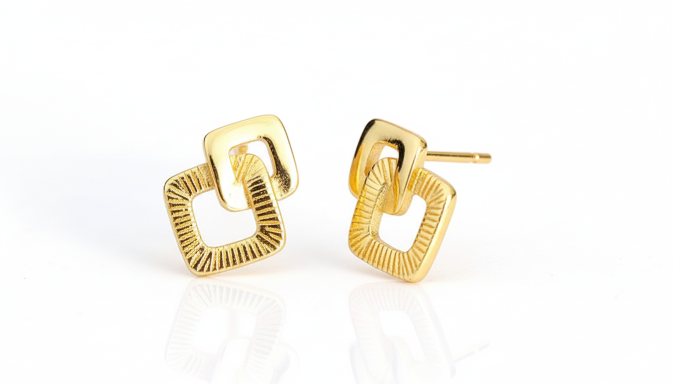 Verra Link Earrings in 925 sterling silver with gold plating and interlocking square link design by Dione Canada