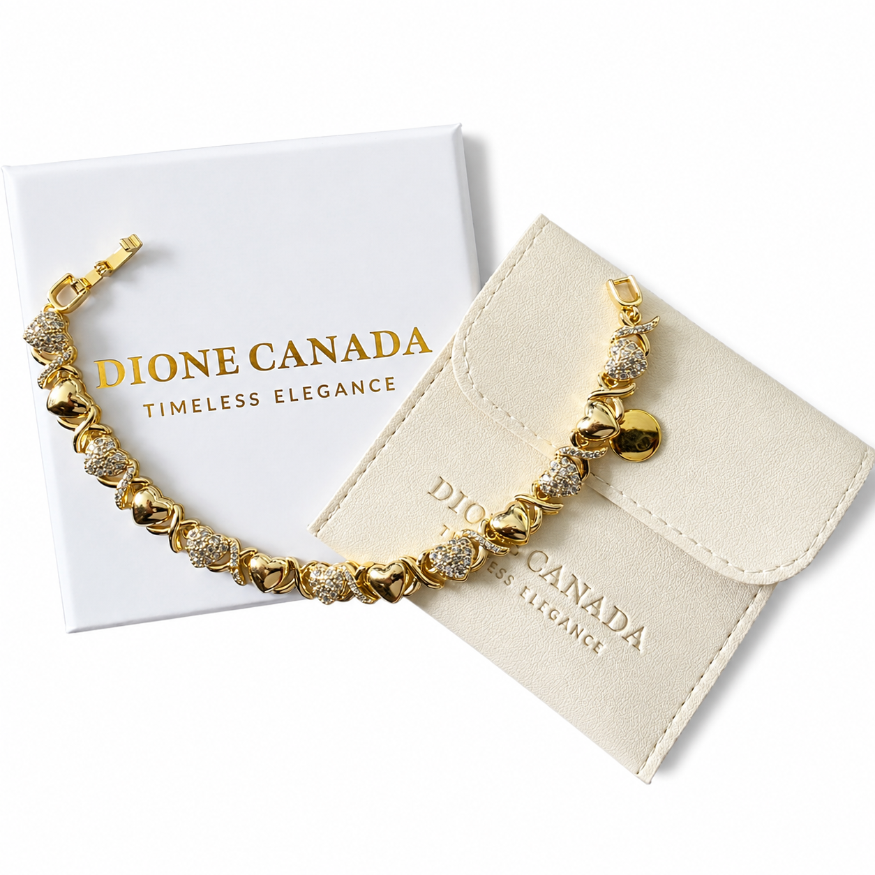 Gold XO link bracelet with Dione Canada gift box and pouch